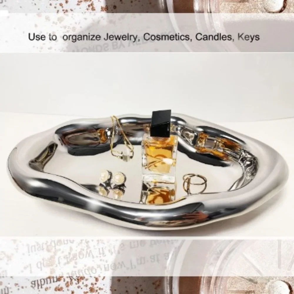 Ceramic Silver Jewelry Platter - Bathroom Accessory Tray - Silver Decor Tray